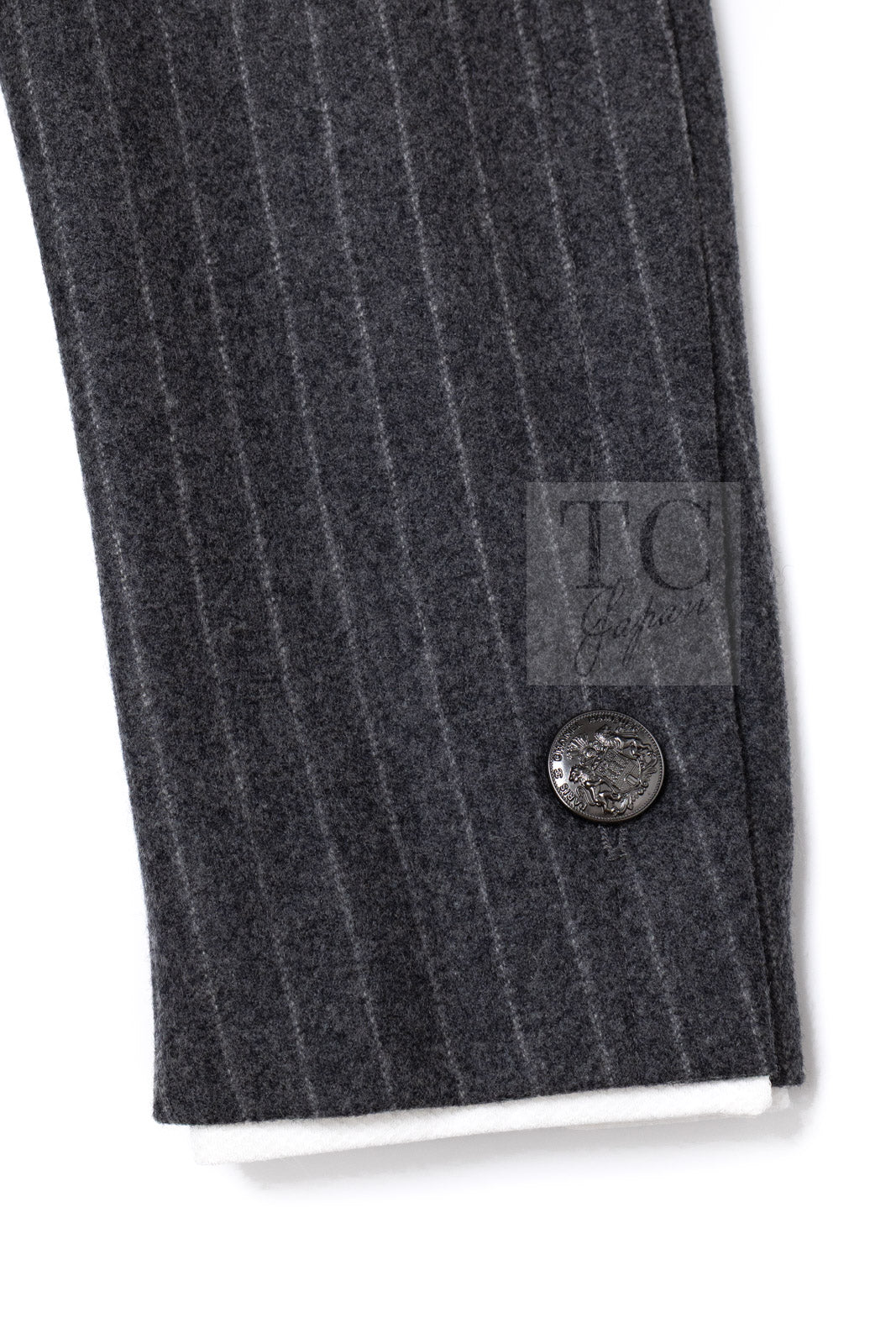 Chanel 18pf Charcoal Grey Striped Wool Jacket 18