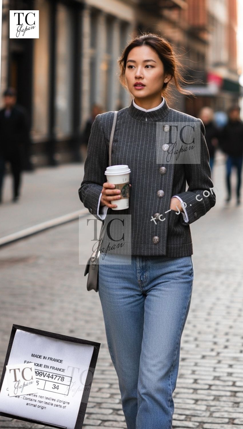 CHANEL 18PF Charcoal Grey Striped Wool Jacket