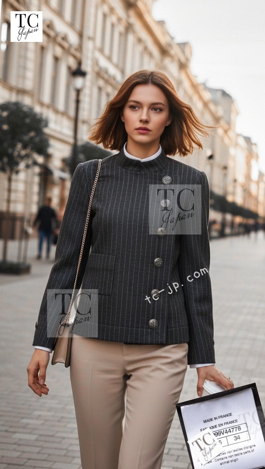 Chanel 18pf Charcoal Grey Striped Wool Jacket 02