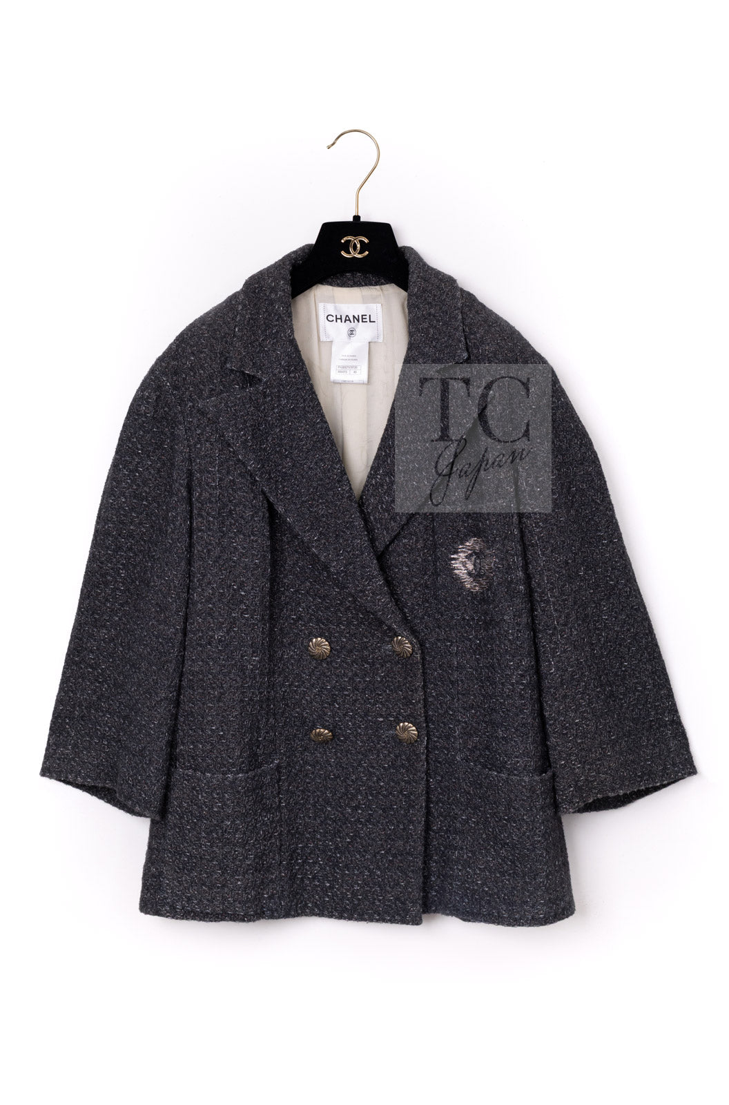 CHANEL Charcoal Gray Metallic CC Silver Logo Cotton Double Jacket 46 シャネル チャコール グレー メタリック CC ロゴ シルバー刺繍 コットン ダブル ジャケット