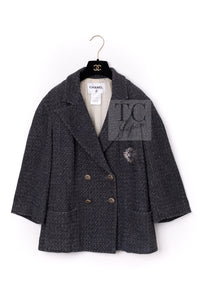 CHANEL Charcoal Gray Metallic CC Silver Logo Cotton Double Jacket 46 シャネル チャコール グレー メタリック CC ロゴ シルバー刺繍 コットン ダブル ジャケット