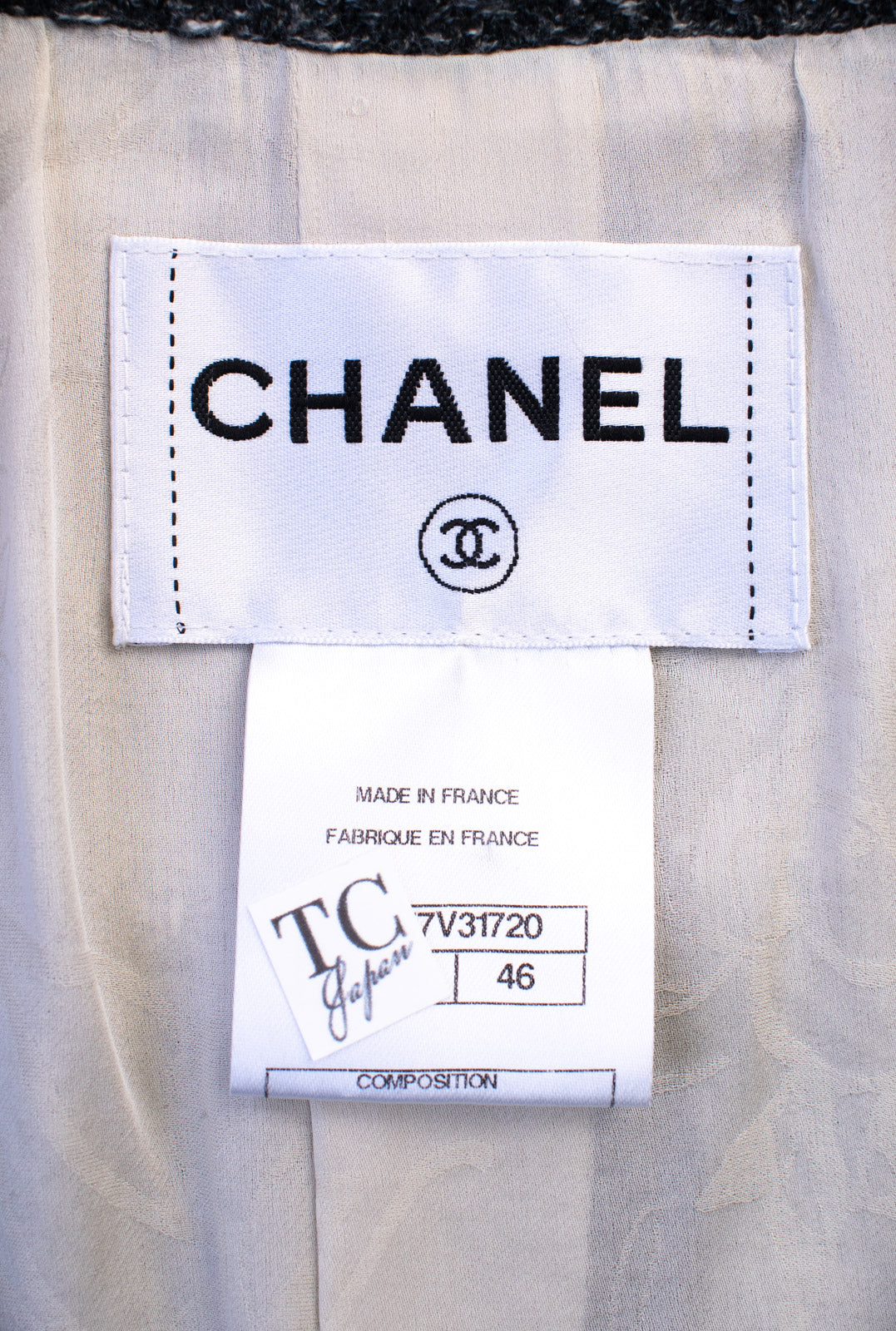 シャネル ジャケット CHANEL チャコール グレー メタリック CC ロゴ シルバー刺繍 コットン ダブル 46