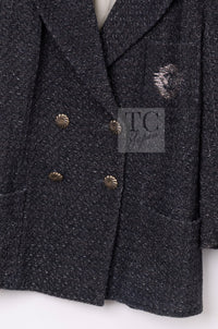 CHANEL Charcoal Gray Metallic CC Silver Logo Cotton Double Jacket 46 シャネル チャコール グレー メタリック CC ロゴ シルバー刺繍 コットン ダブル ジャケット