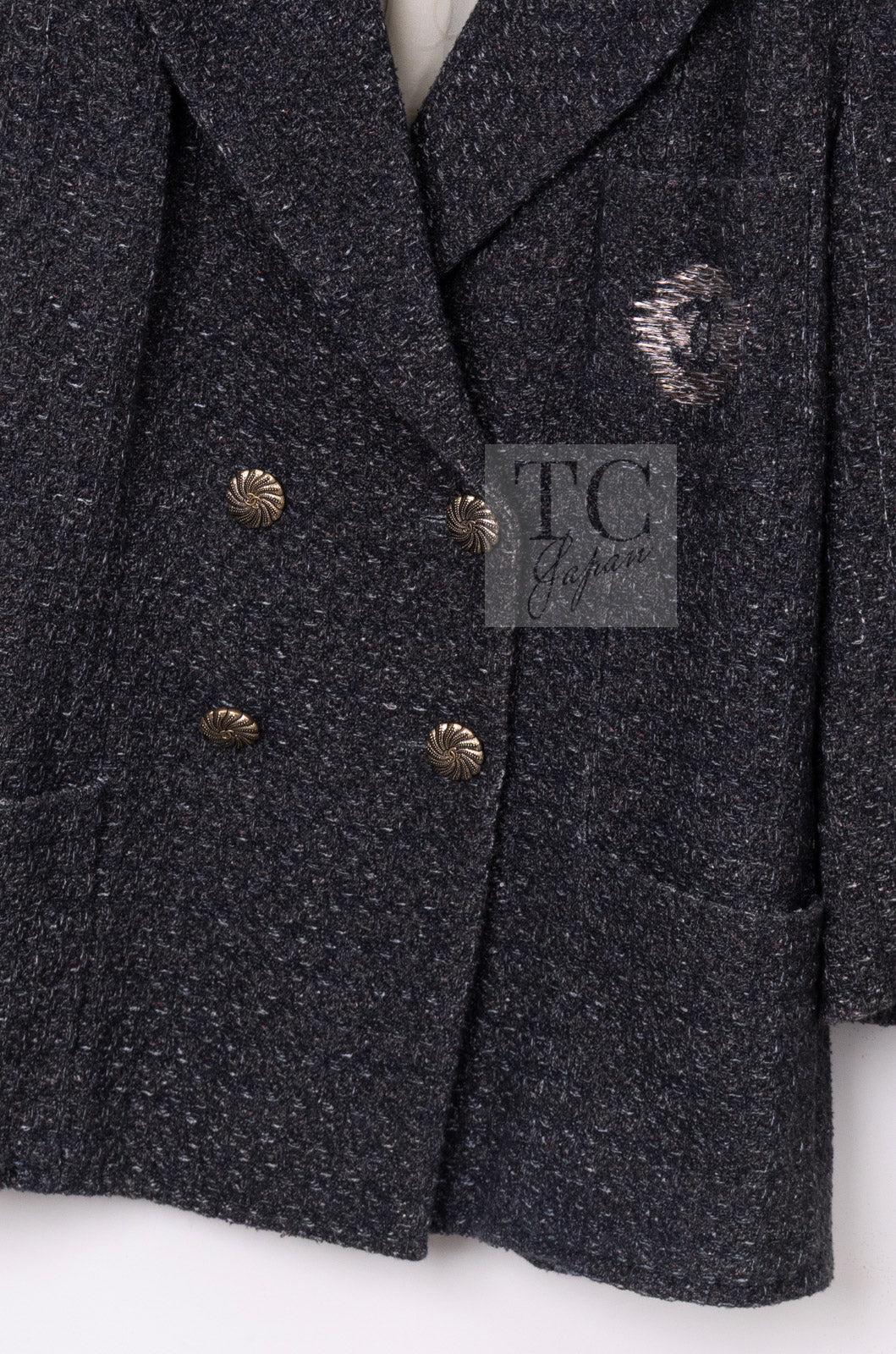 CHANEL Charcoal Gray Metallic CC Silver Logo Cotton Double Jacket 46 シャネル チャコール グレー メタリック CC ロゴ シルバー刺繍 コットン ダブル ジャケット