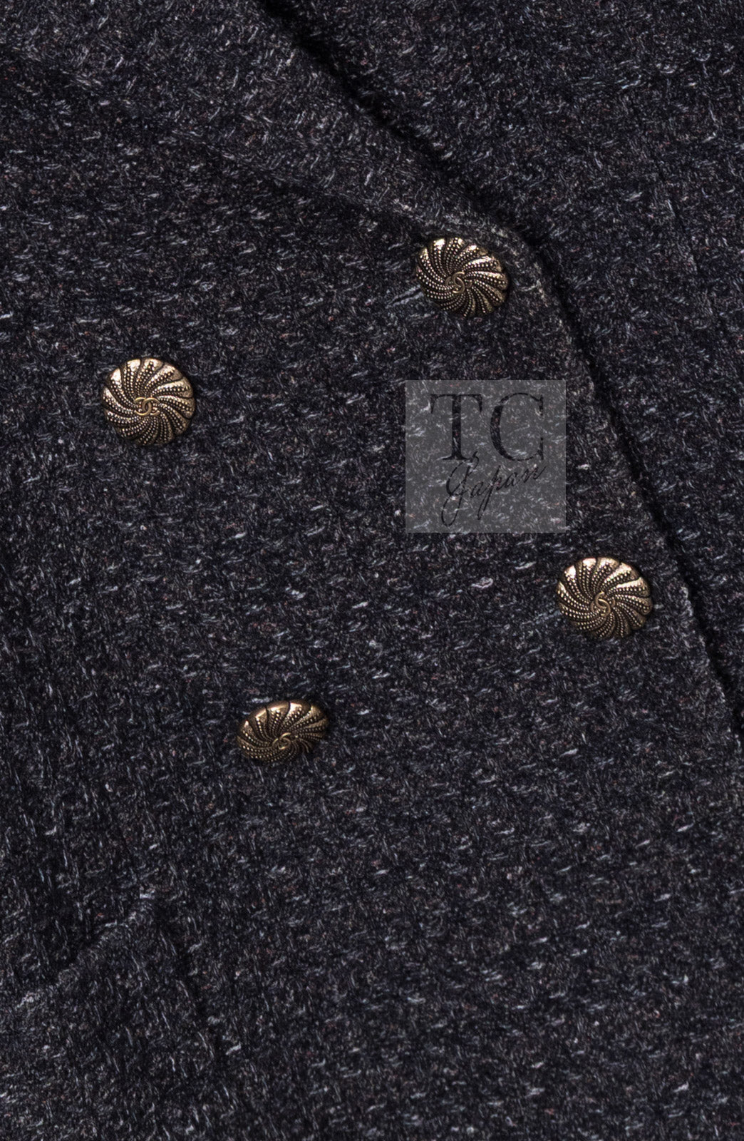 CHANEL Charcoal Gray Metallic CC Silver Logo Cotton Double Jacket 46 シャネル チャコール グレー メタリック CC ロゴ シルバー刺繍 コットン ダブル ジャケット