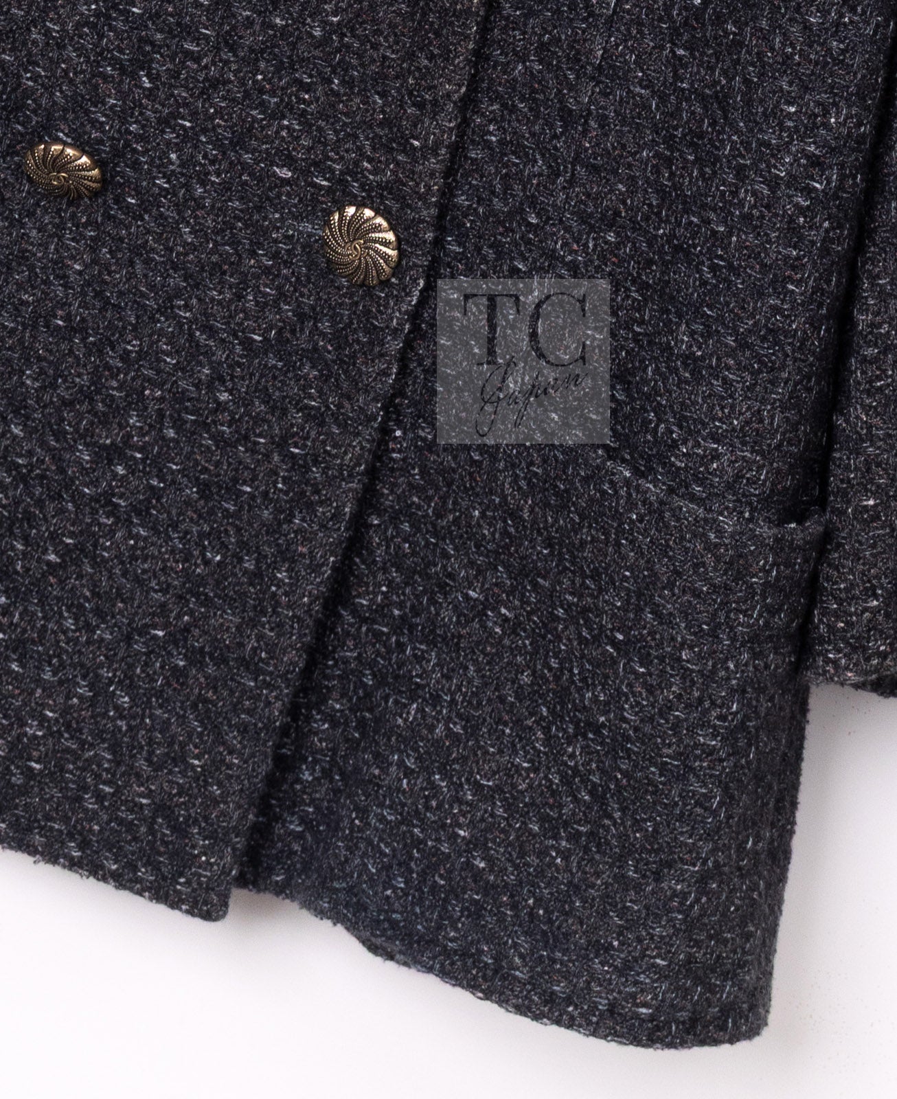 CHANEL Charcoal Gray Metallic CC Silver Logo Cotton Double Jacket 46 シャネル チャコール グレー メタリック CC ロゴ シルバー刺繍 コットン ダブル ジャケット