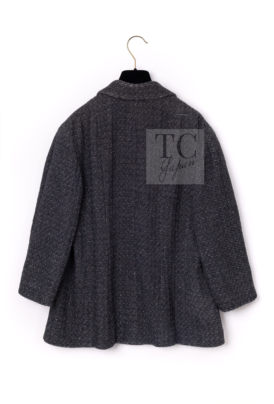 CHANEL Charcoal Gray Metallic CC Silver Logo Cotton Double Jacket 46 シャネル チャコール グレー メタリック CC ロゴ シルバー刺繍 コットン ダブル ジャケット