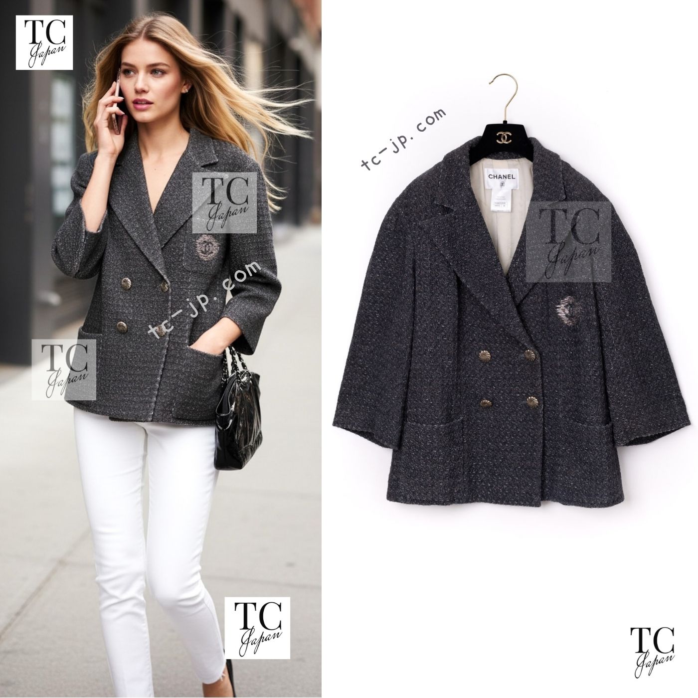 CHANEL Charcoal Gray Metallic CC Silver Logo Cotton Double Jacket 46 シャネル チャコール グレー メタリック CC ロゴ シルバー刺繍 コットン ダブル ジャケット