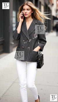 CHANEL Charcoal Gray Metallic CC Silver Logo Cotton Double Jacket 46 シャネル チャコール グレー メタリック CC ロゴ シルバー刺繍 コットン ダブル ジャケット