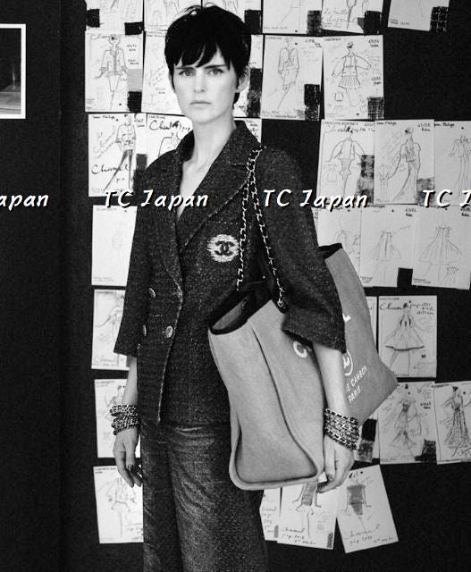シャネル ジャケット CHANEL チャコール グレー メタリック CC ロゴ シルバー刺繍 コットン ダブル 46