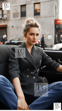 CHANEL Charcoal Gray Metallic CC Silver Logo Cotton Double Jacket 46 シャネル チャコール グレー メタリック CC ロゴ シルバー刺繍 コットン ダブル ジャケット