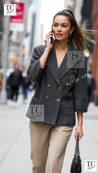 CHANEL Charcoal Gray Metallic CC Silver Logo Cotton Double Jacket 46 シャネル チャコール グレー メタリック CC ロゴ シルバー刺繍 コットン ダブル ジャケット