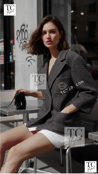CHANEL Charcoal Gray Metallic CC Silver Logo Cotton Double Jacket 46 シャネル チャコール グレー メタリック CC ロゴ シルバー刺繍 コットン ダブル ジャケット