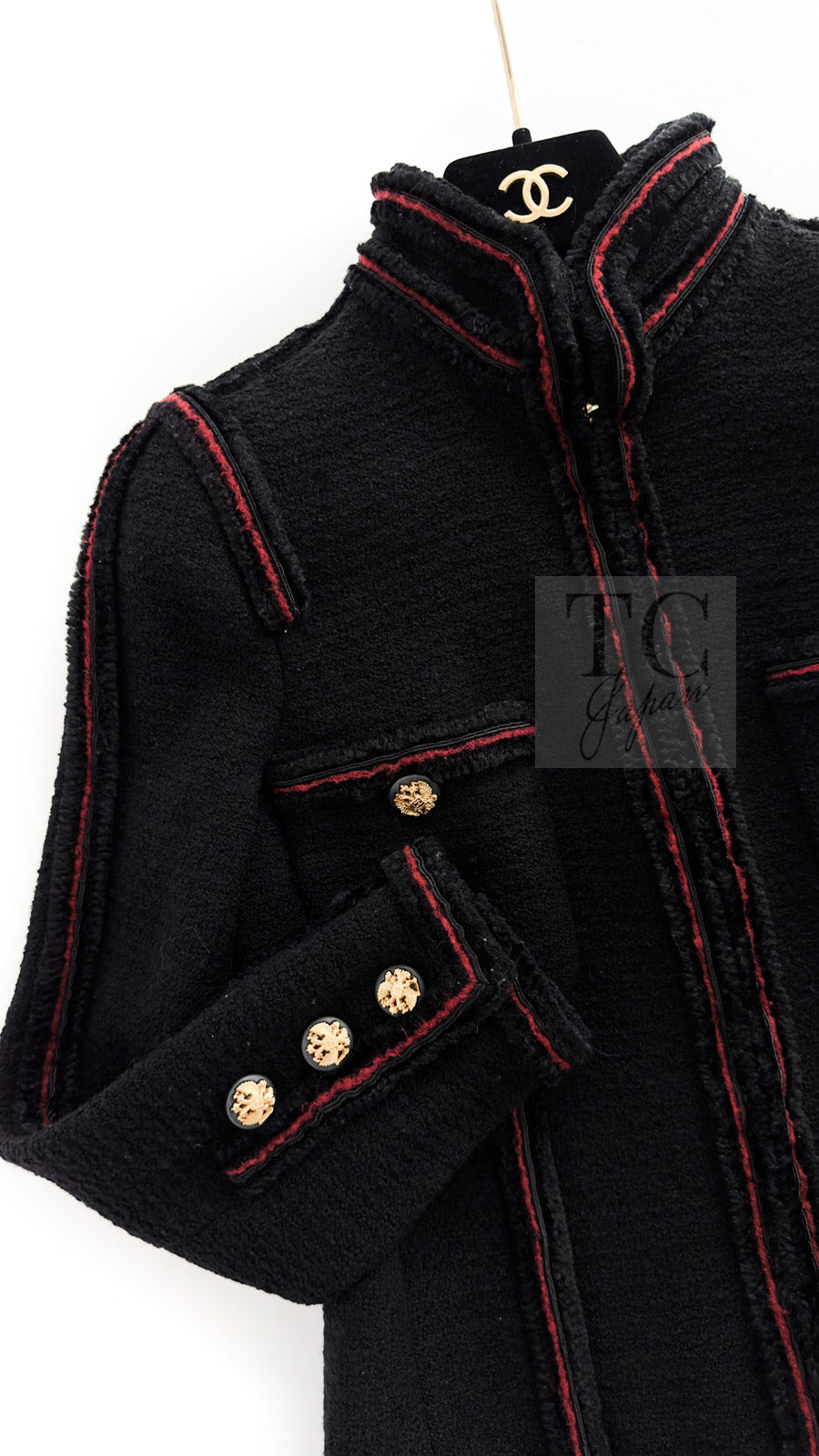 シャネル ジャケット CHANEL ブラック レッド トリム ウール ジッパー ツイード ロマノフ スタンド襟 42