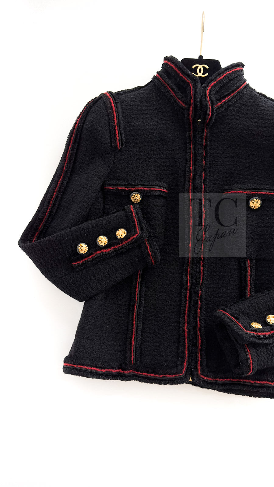 シャネル ジャケット CHANEL ブラック レッド トリム ウール ジッパー ツイード ロマノフ スタンド襟 42