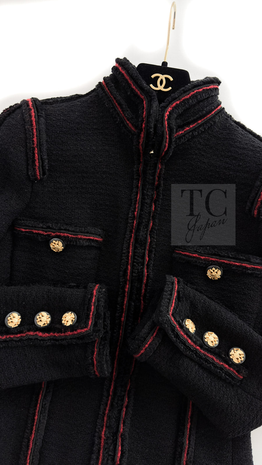 シャネル ジャケット CHANEL ブラック レッド トリム ウール ジッパー ツイード ロマノフ スタンド襟 42