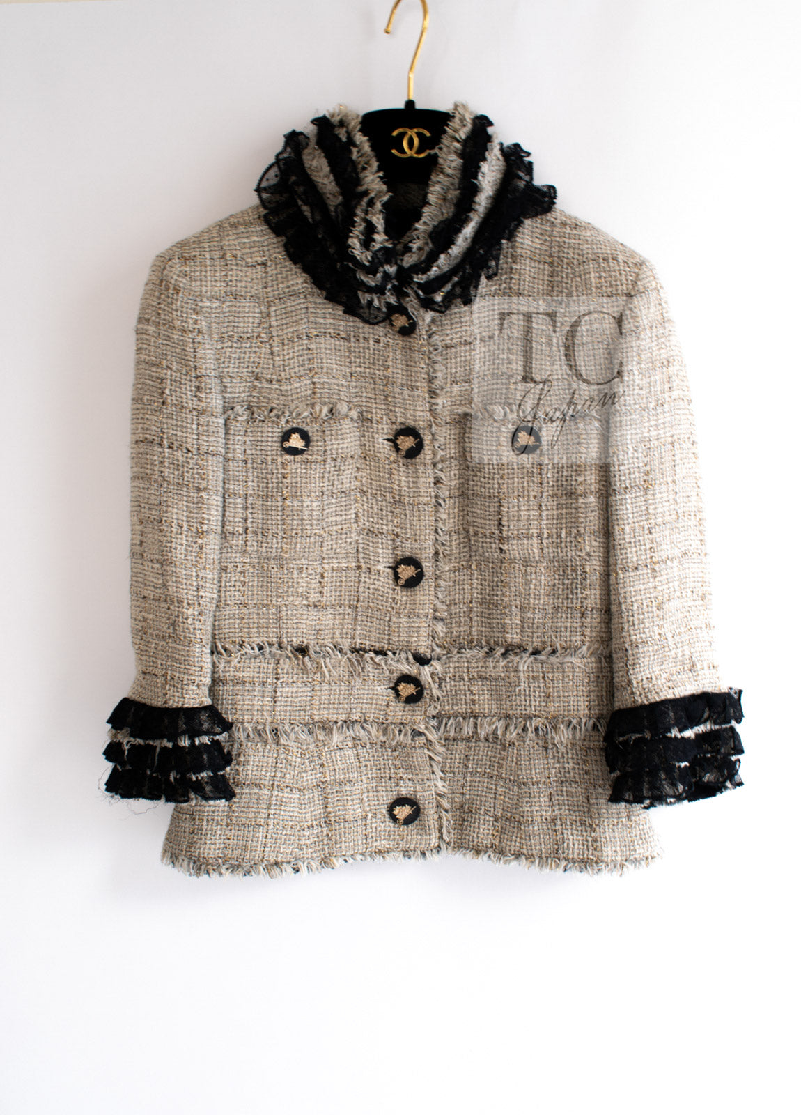 CHANEL 10S Beige Black Cotton Frilled Tweed Jacket 34 36-12