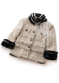 CHANEL 10S Beige Black Cotton Frilled Tweed Jacket 34 36-02