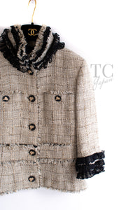 CHANEL 10S Beige Black Cotton Frilled Tweed Jacket 34 36-13