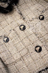 CHANEL 10S Beige Black Cotton Frilled Tweed Jacket 34 36-05