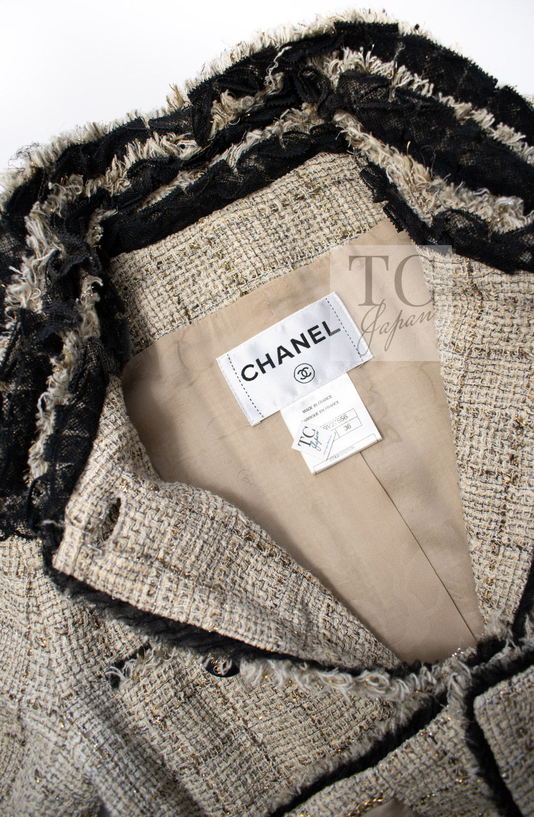 CHANEL 10S Beige Black Cotton Frilled Tweed Jacket 34 36-07