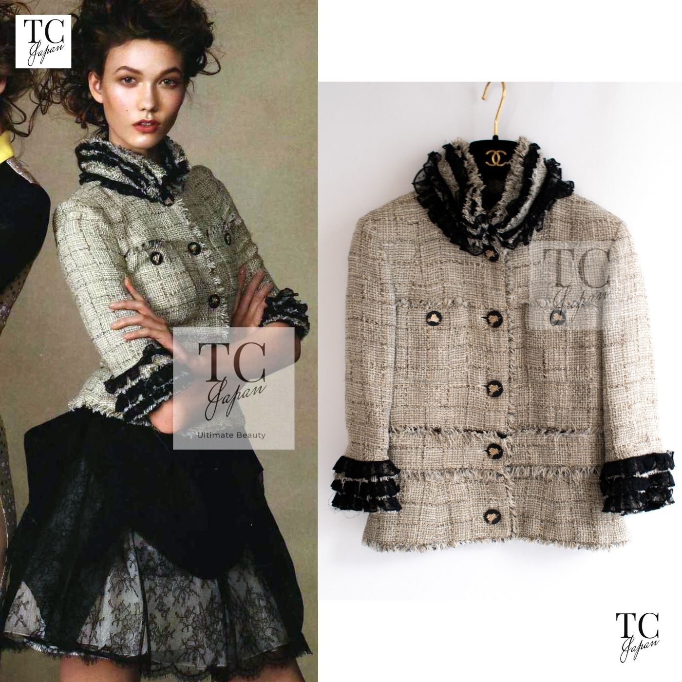 CHANEL 10S Beige Black Cotton Frilled Tweed Jacket 34 36-01