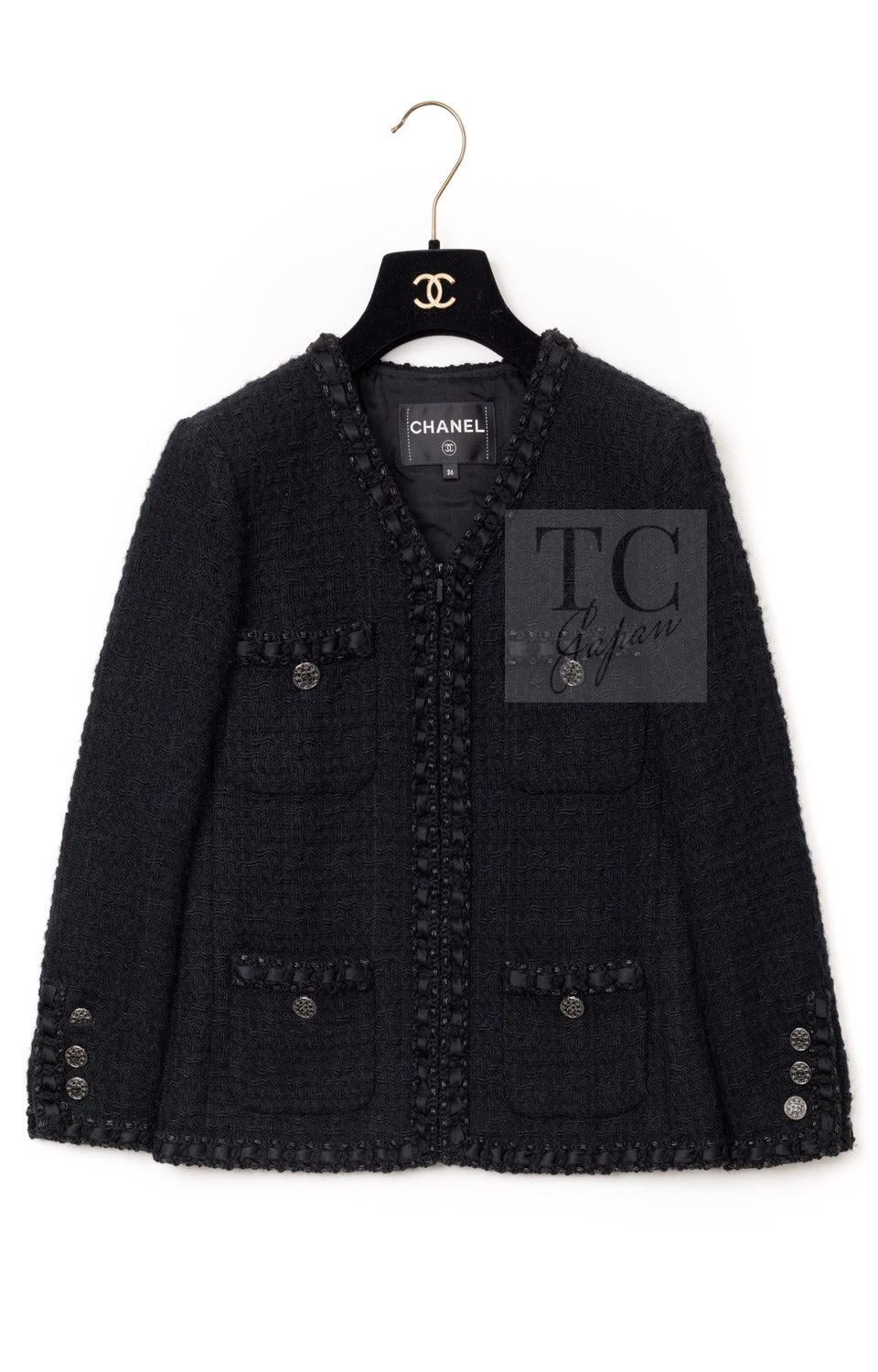 CHANEL 16PF Black Braid Trim Zipper Wool Tweed Jacket 36 2