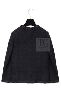 CHANEL 16PF Black Braid Trim Zipper Wool Tweed Jacket 36 7