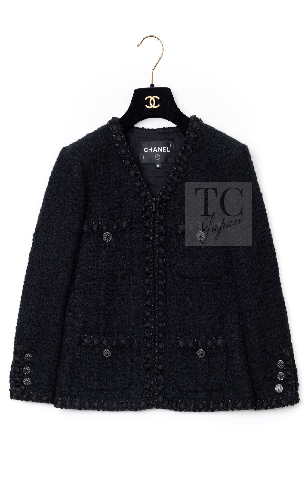 CHANEL 16PF Black Braid Trim Zipper Wool Tweed Jacket 36 2