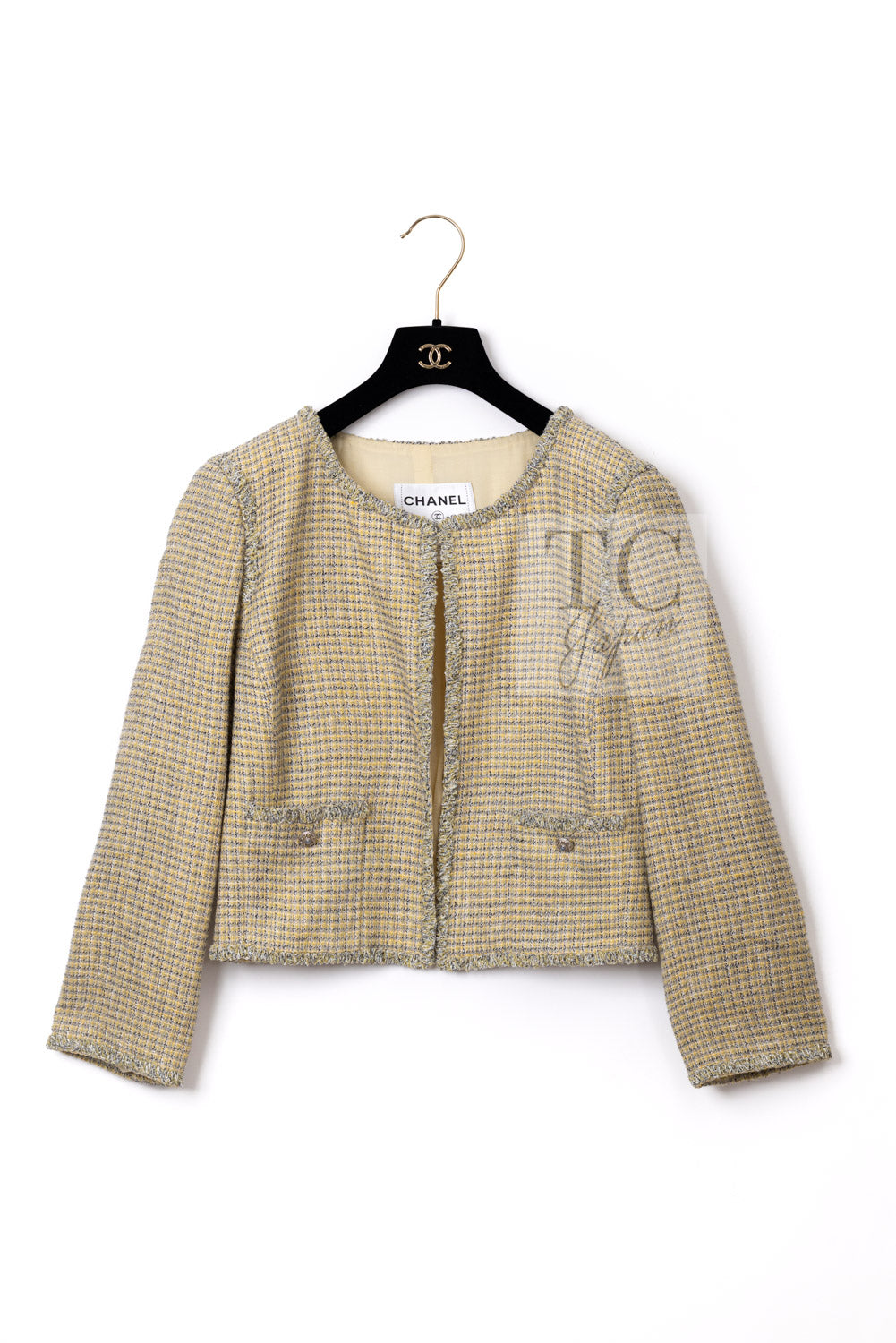 シャネル ジャケット CHANEL 11C イエロー グレー シルバー ノーカラー クロップド ツイード グリポワボタン 46