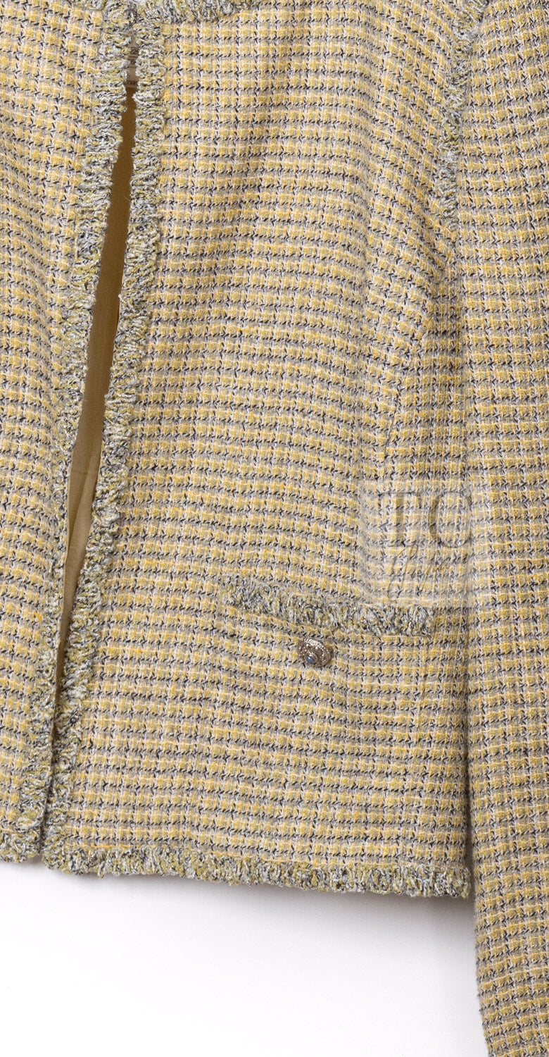 シャネル ジャケット CHANEL 11C イエロー グレー シルバー ノーカラー クロップド ツイード グリポワボタン 46
