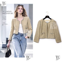 シャネル ジャケット CHANEL 11C イエロー グレー シルバー ノーカラー クロップド ツイード グリポワボタン 46