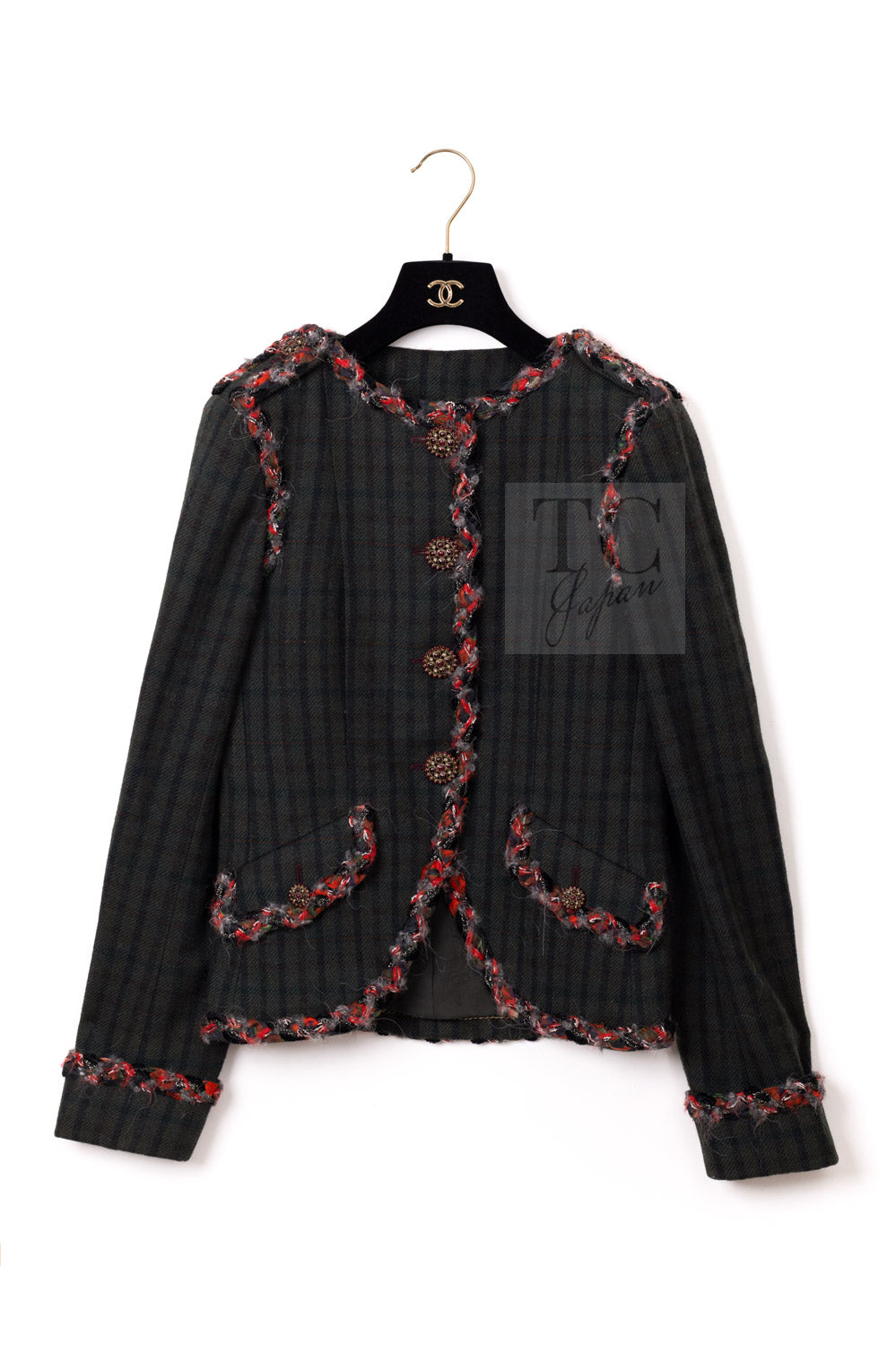 CHANEL 13B Edinburgh Dark Green Check Wool Braided Collarless Gripoix Button Jacket 34 | HK