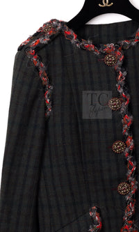 CHANEL 13B Edinburgh Dark Green Check Wool Braided Collarless Gripoix Button Jacket 34 | HK