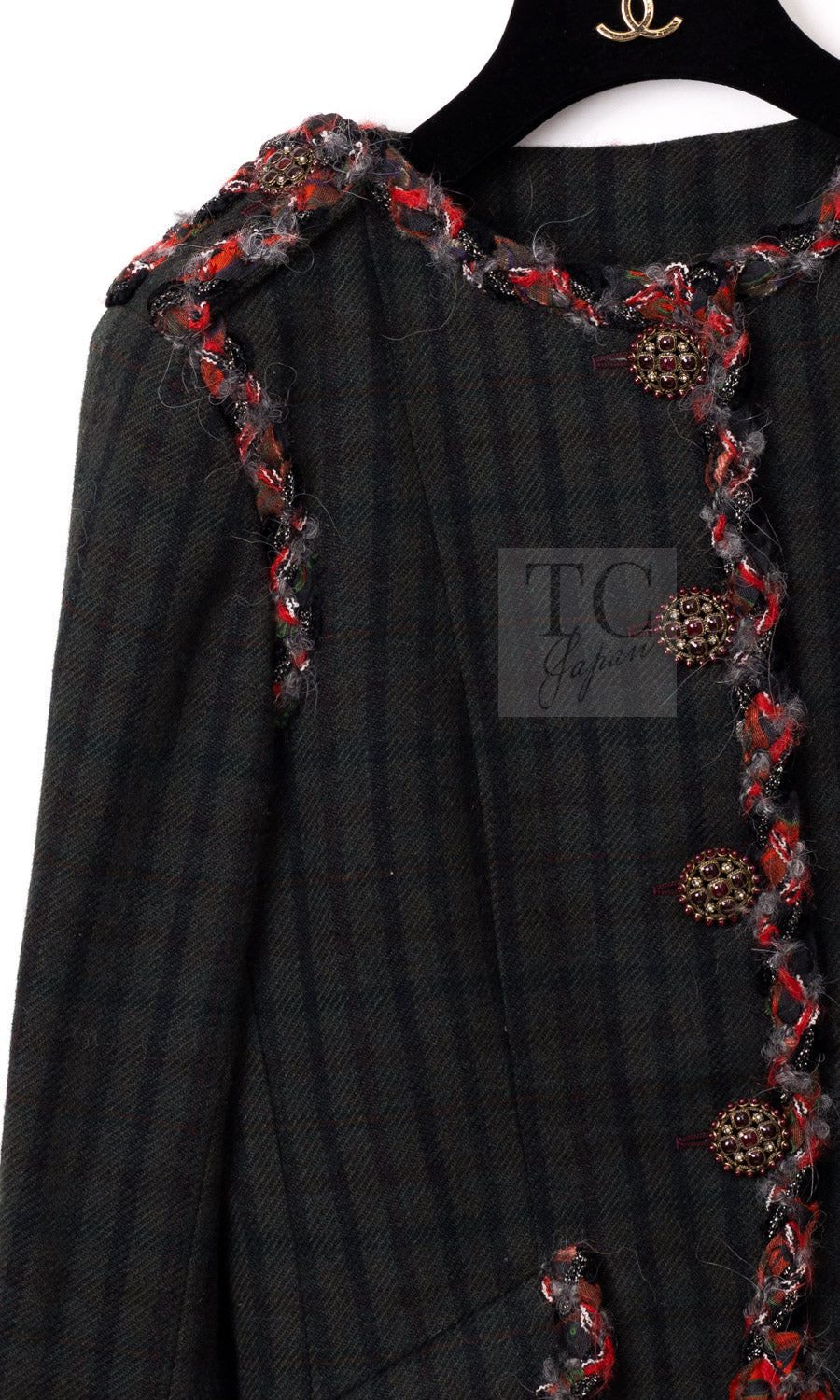 CHANEL 13B Edinburgh Dark Green Check Wool Braided Collarless Gripoix Button Jacket 34 | HK