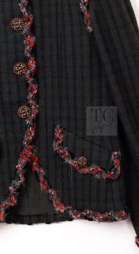CHANEL 13B Edinburgh Dark Green Check Wool Braided Collarless Gripoix Button Jacket 34 | HK