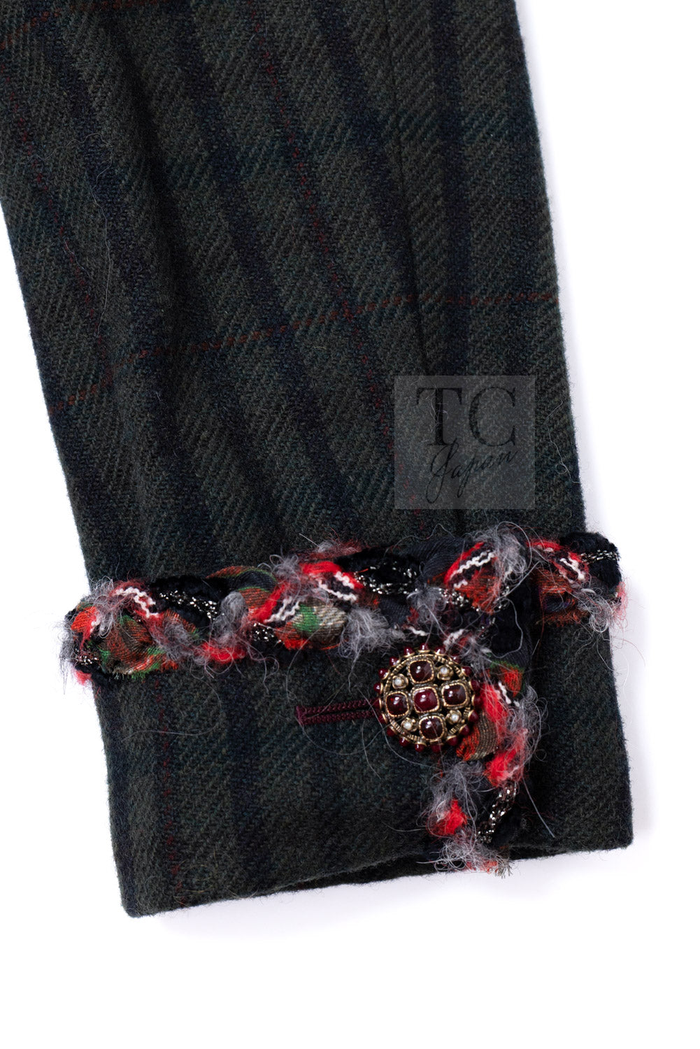 CHANEL 13B Edinburgh Dark Green Check Wool Braided Collarless Gripoix Button Jacket 34 | HK