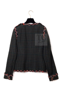 CHANEL 13B Edinburgh Dark Green Check Wool Braided Collarless Gripoix Button Jacket 34 | HK