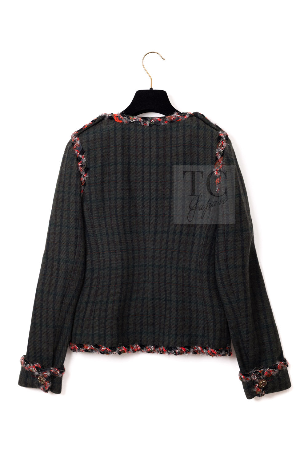 CHANEL 13B Edinburgh Dark Green Check Wool Braided Collarless Gripoix Button Jacket 34 | HK