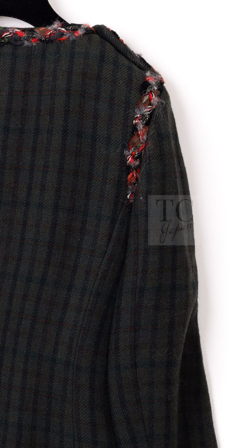 CHANEL 13B Edinburgh Dark Green Check Wool Braided Collarless Gripoix Button Jacket 34 | HK