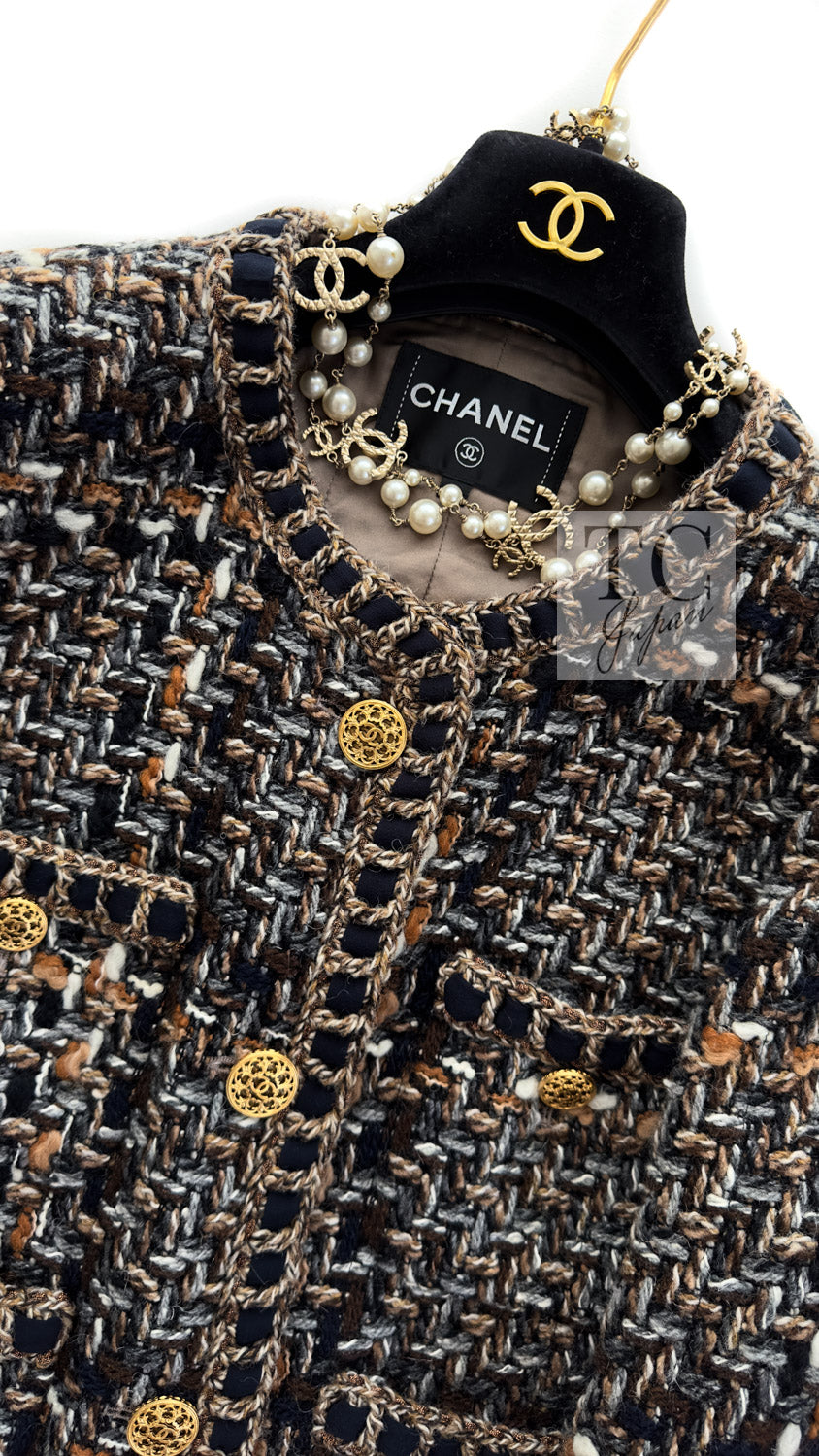 CHANEL 16PF Brown Mix Braid Trimming Collarless Wool Tweed Jacket 48 3
