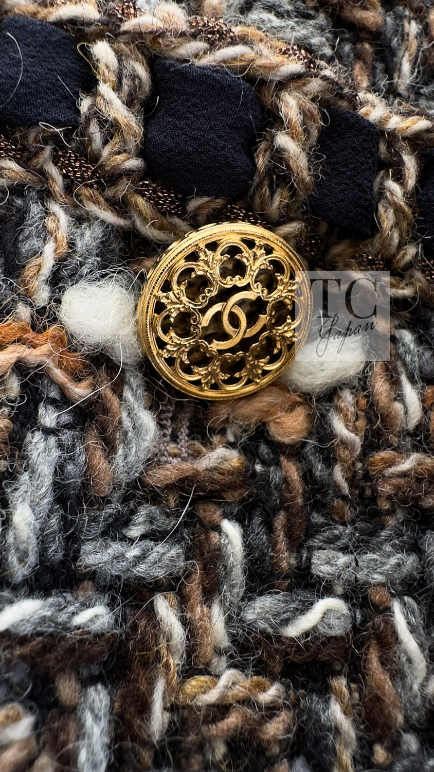 CHANEL 16PF Brown Mix Braid Trimming Collarless Wool Tweed Jacket 48 13
