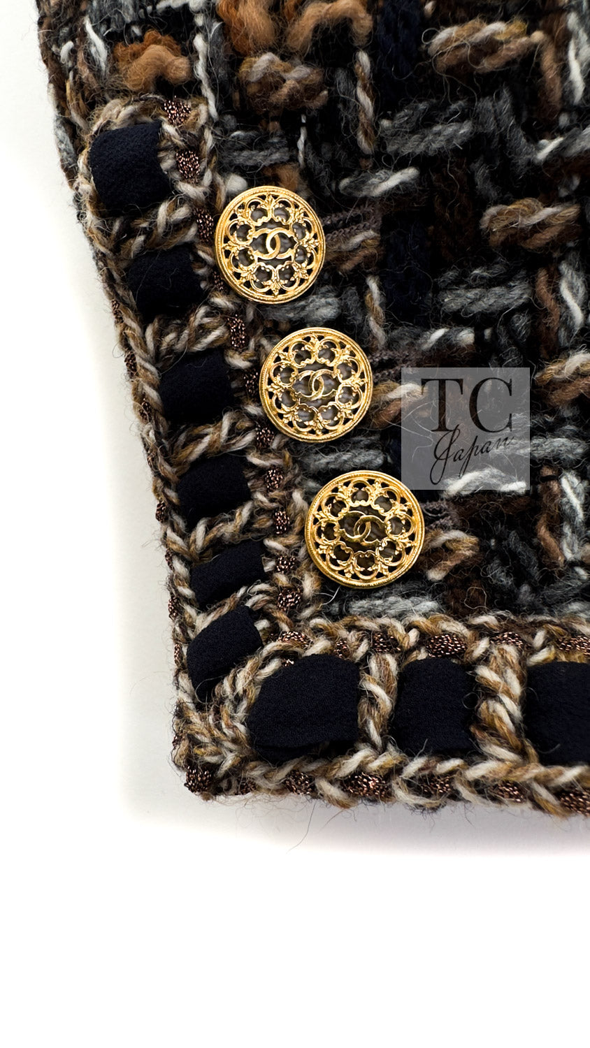 CHANEL 16PF Brown Mix Braid Trimming Collarless Wool Tweed Jacket 48 6