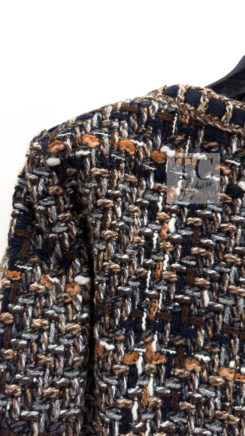 CHANEL 16PF Brown Mix Braid Trimming Collarless Wool Tweed Jacket 48 8