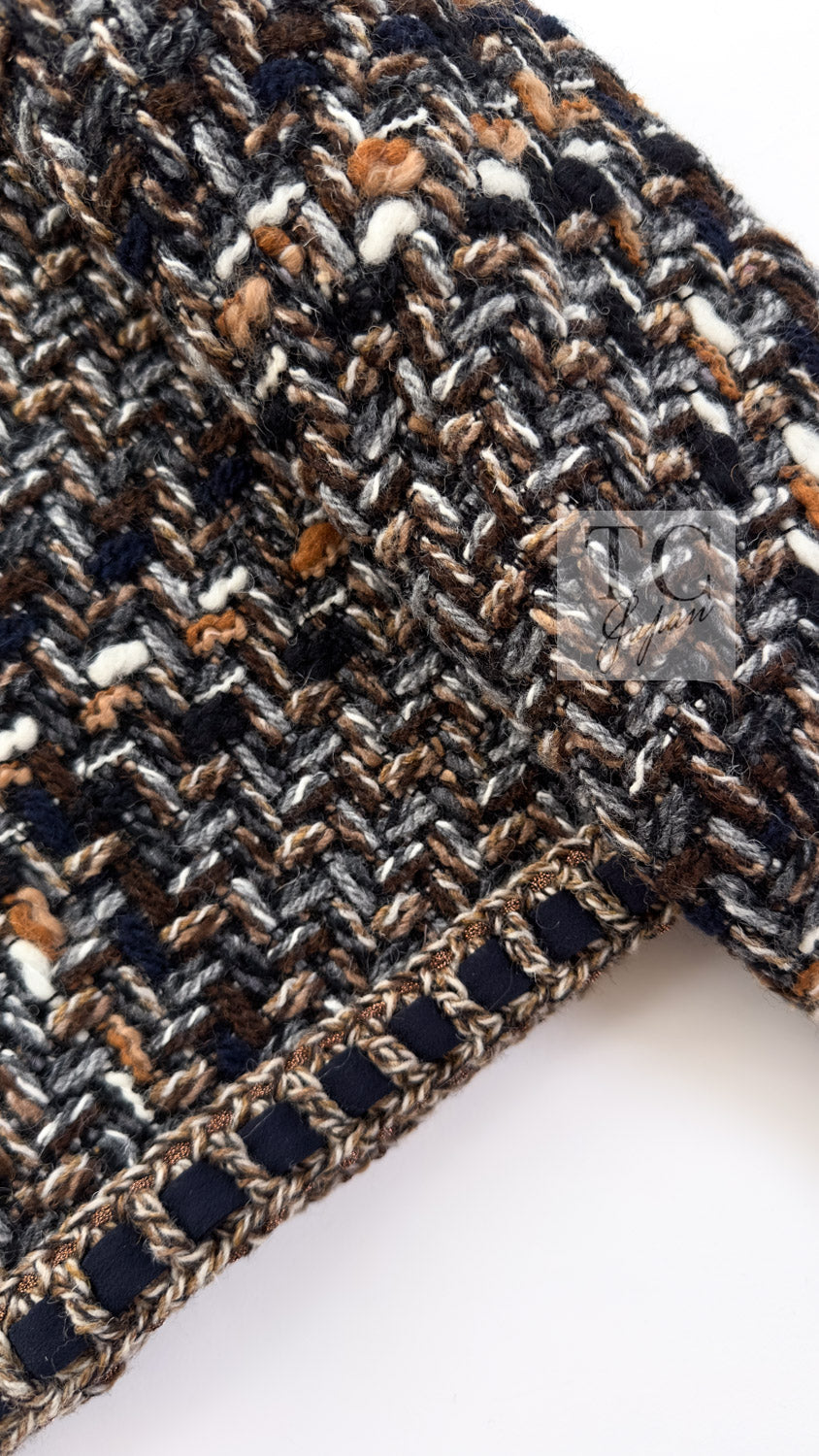 CHANEL 16PF Brown Mix Braid Trimming Collarless Wool Tweed Jacket 48 18