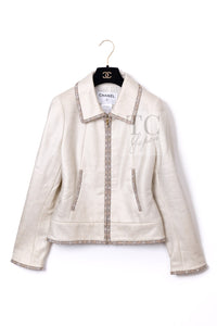シャネル ジャケット ブルゾン CHANEL 08C アイボリー ベージュ ゴールド コットン カシミヤ ジッパー ビーズトリム 36 38