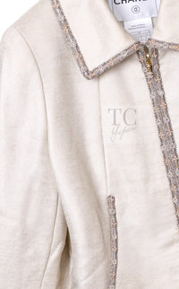 シャネル ジャケット ブルゾン CHANEL 08C アイボリー ベージュ ゴールド コットン カシミヤ ジッパー ビーズトリム 36 38