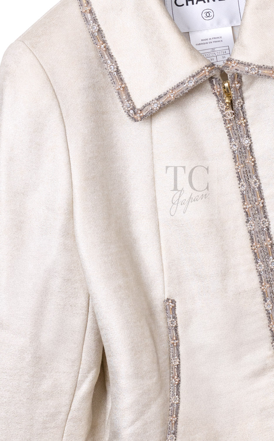 シャネル ジャケット ブルゾン CHANEL 08C アイボリー ベージュ ゴールド コットン カシミヤ ジッパー ビーズトリム 36 38