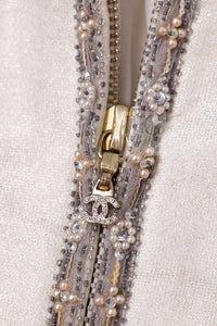 シャネル ジャケット ブルゾン CHANEL 08C アイボリー ベージュ ゴールド コットン カシミヤ ジッパー ビーズトリム 36 38