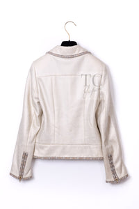 シャネル ジャケット ブルゾン CHANEL 08C アイボリー ベージュ ゴールド コットン カシミヤ ジッパー ビーズトリム 36 38